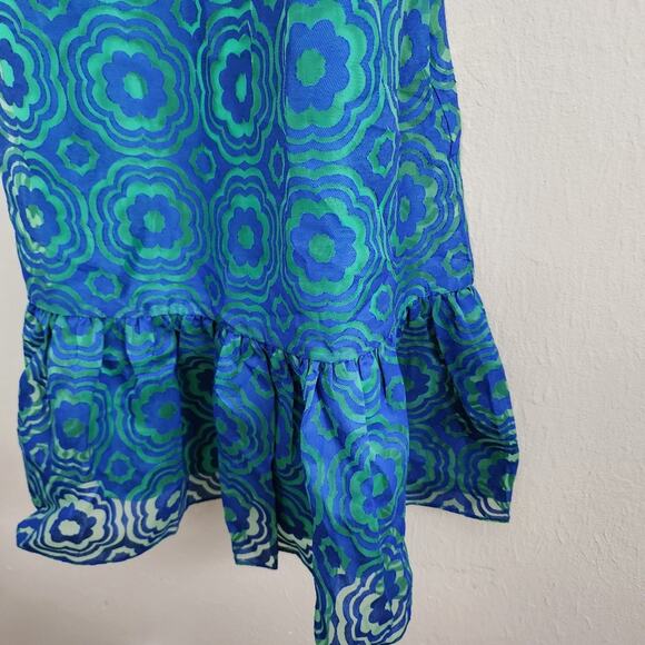Trina Turk NWT Aziza Midi Dress Majorelle Blue Green Printed Ruffle Empire 8 - Picture 7 of 14
